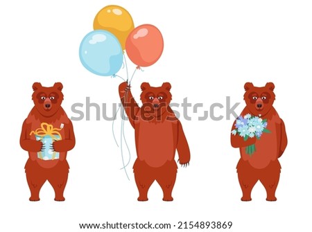 Bear with different holiday attributes. Animal in cartoon style.