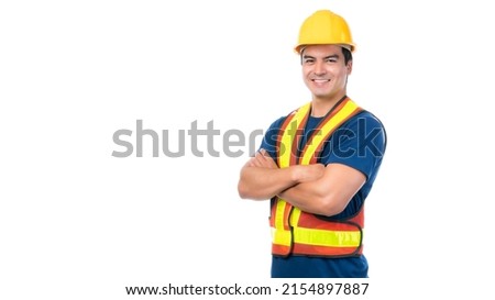 Portrait young architect man engineering wearing yellow helmet , He standing arms crossed isolated on white background with copy space Royalty-Free Stock Photo #2154897887