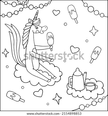 Unicorn on a cloud with ice cream. Vector black and white image for printing, coloring