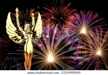 Golden Academy award statue on fireworks background. Success and victory concept.