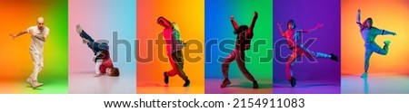 Freestyle dance. Bright collage with men dancing breakdance and hip-hop dancers isolated on multicolor background in neon. Youth culture, hip-hop, movement, style and fashion, action.