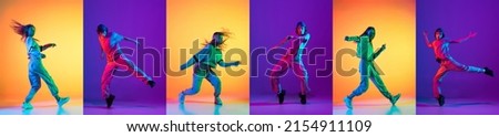 Street style dance battle. Bright collage with men dancing breakdance and hip-hop dancers isolated on multicolor background in neon. Youth culture, hip-hop, movement, style and fashion, action. Royalty-Free Stock Photo #2154911109