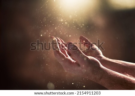 Human praying hands with faith in religion and belief in God on blessing background. Royalty-Free Stock Photo #2154911203