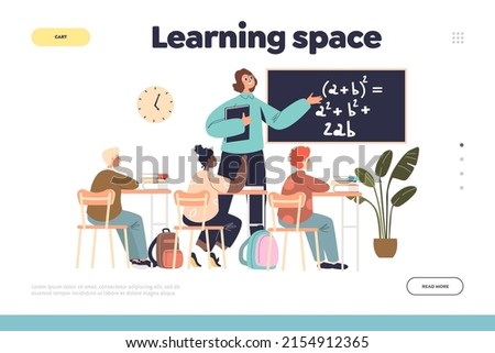 Learning space concept of landing page with school teacher and class in classroom on lesson. Female pedagogue explain lesson on blackboard with pupils sitting at desk. Cartoon flat vector illustration