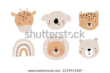 Cute cartoon Bohemian nursery print. Vector safari print for wall decor in children's bedroom. Cute African animals characters - koala, giraffe, lion, leopard, bear