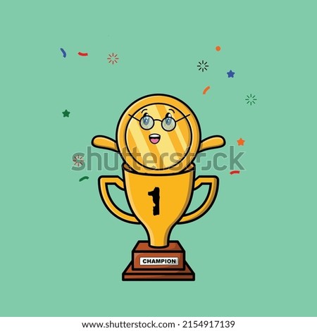 Cute cartoon gold coin character in trophy in concept 3d cartoon style