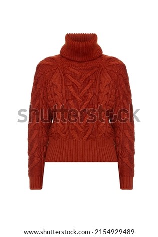 Ghost mannequin, Red classic knit knitted women's sweater with geometric pattern and turtleneck collar isolated on white background, wool warm female pullover for woman, mock up, template Royalty-Free Stock Photo #2154929489
