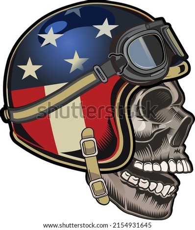 Head skull wearing helmet with American flag for design and print