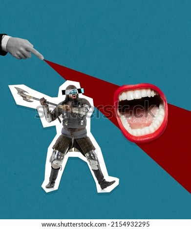 Contemporary art collage with medieval knight, warrior with ax over blue background. Concept of retro style, information, creativity, imagination and ad. The right to an independent opinion