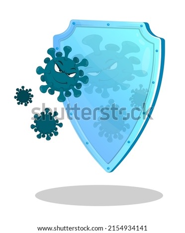 Cartoon viruses are trying to break through defense. Shield, barrier against bacteria and dangerous microorganisms. Vector isolated on white background