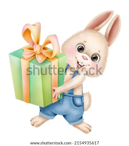 Little fluffy baby bunny with a big gift hand-drawn in cartoon style. Illustration isolated on white background