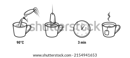 Tea brewing instruction icons of tea bag and cup, vector brew preparation method. Teabag brew mug and making icons with time steps Royalty-Free Stock Photo #2154941653