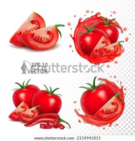 Ripe tomatoes and chili peppers, realistic tomato juice splash, natural tomato set isolated on white background, 3d vector illustration food and drink Royalty-Free Stock Photo #2154941815