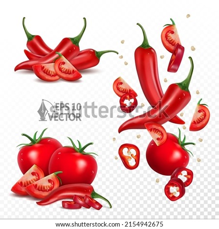 Ripe tomatoes and chili peppers set, natural fresh vegetables, falling pieces and slices, 3d realistic vector illustration Royalty-Free Stock Photo #2154942675