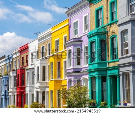 Beautiful facades of different colours in the Notting Hill area of London, UK. Royalty-Free Stock Photo #2154943519