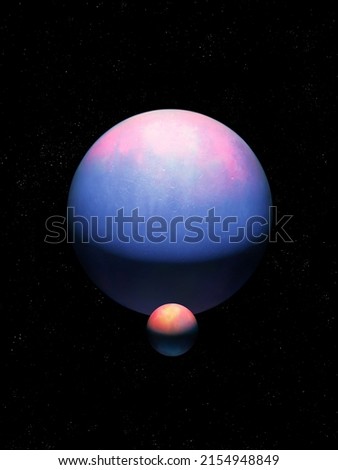 Fantastic planet with a satellite in space. Exoplanet has a moon. Sci-fi background. 
