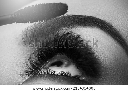 Closeup of female eye with beautiful long lashes and mascara wand