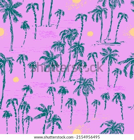 Hand drawn palm trees seamless pattern in pink and green. Summer holiday background. Exotic plants, island vacation, tropical flora, travel design.