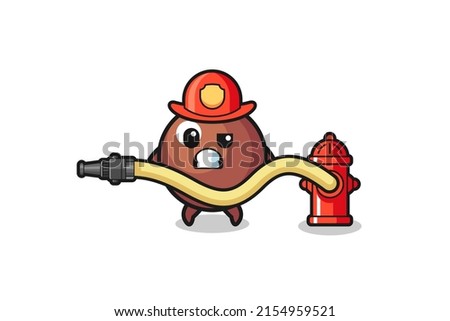 chocolate ball cartoon as firefighter mascot with water hose , cute design