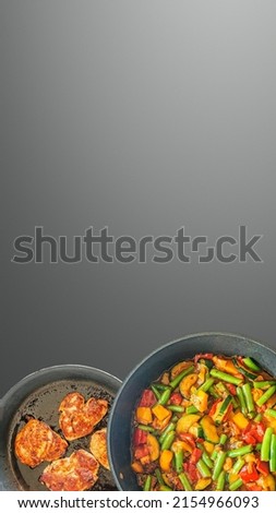 Cover page with traditional homemade turkey stew with vegetables, indoor, process of cooking with copy space gradient background
