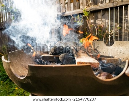 Burning wood and coal in metal fire bowl with a lot of smoke