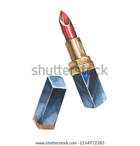 Lipstick. Opened red lipstick in black case. Pomade. Watercolor hand drawn illustration on white background.