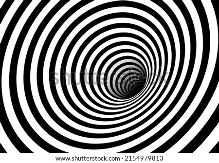 Vector optical art illusion of striped geometric black and white abstract line surface flowing like a hypnotic worm-hole tunnel. Optical illusion style design. Royalty-Free Stock Photo #2154979813
