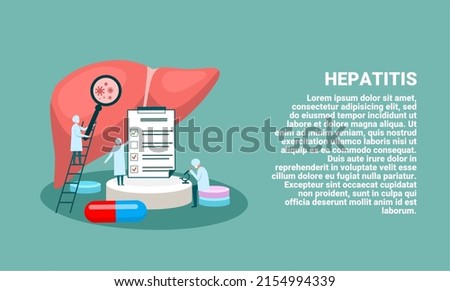 Concept of hepatitis A, B, C, D, acute cirrhosis, world hepatitis day. tiny doctor character diagnoses liver. vector illustration. Royalty-Free Stock Photo #2154994339