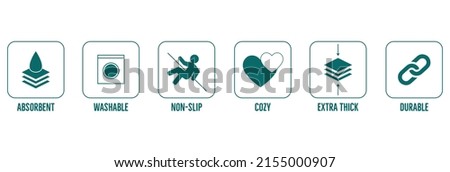 absorbent, washable, non-slip, cozy, extra thick, durable bathtub mats packaging icons Royalty-Free Stock Photo #2155000907