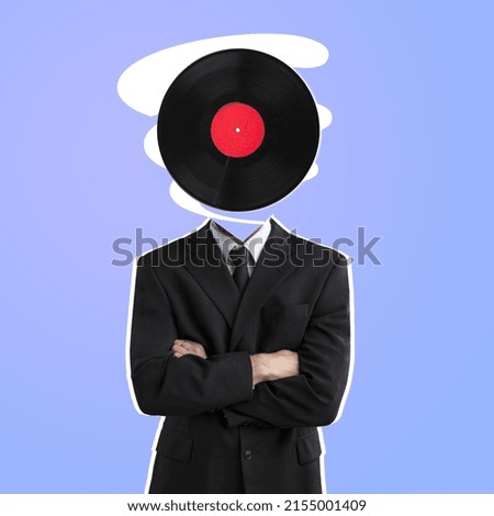 Music man concept. Model in business suit with target board instead head on purple background.