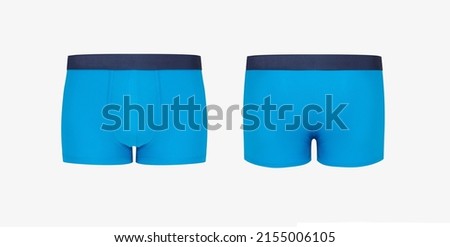Ghost mannequin, bright blue men's classic boxer briefs isolated on white background. Male cotton underwear cutout, Man fabric voluminous trunks underpants close up, mock up, template, flat lay photo Royalty-Free Stock Photo #2155006105