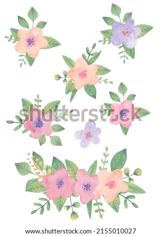Set with watercolor simple childish colors. Small cute bouquets isolated on white.