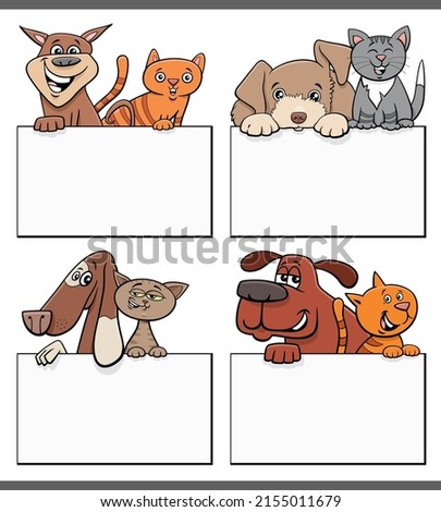Cartoon illustration of dogs and cats with blank cards graphic design set