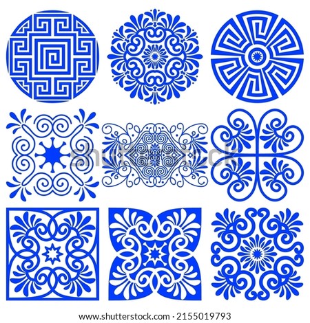 Collection of vector round, square ornaments in traditional Greek style. Ethnic mediterranean blue patterns isolated on white background. For the design of logos, plates, vignettes, printing on paper Royalty-Free Stock Photo #2155019793