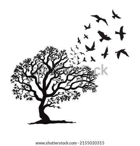 A close-up shot of a tree and flying above it blackbirds, drawn by a black line