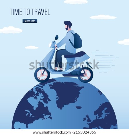 Time to travel. Tourist man drive motorbike. Worldwide, global travel. Man driver with backpack rides bike. Freedom, concept. World tourism. Transportation banner. Flat vector illustration