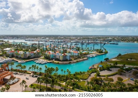 Harborside Villas aerial view at Nassau Harbour with Nassau downtown at the background, from Paradise Island, Bahamas. Royalty-Free Stock Photo #2155026005