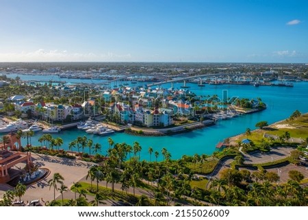 Harborside Villas aerial view at Nassau Harbour with Nassau downtown at the background, from Paradise Island, Bahamas. Royalty-Free Stock Photo #2155026009