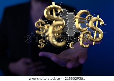 A blurred man holding 3D rendering gold euro and dollar signs concept of people making money online