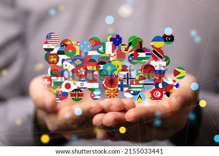 A close up of International world flags 3d rendering digital ,in a person's hand