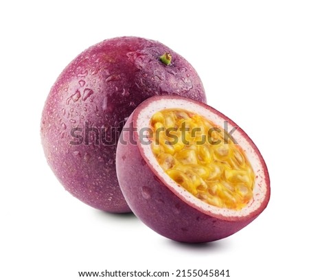 Passion fruit and half fruit in water drops isolated on white background. Fresh fruits. Royalty-Free Stock Photo #2155045841