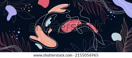 Horizontal background of carp koi in continuous single line style. Floral and abstract elements. One line drawing vector illustration
