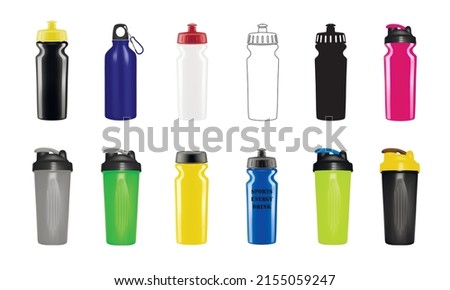 Shaker for protein shake in vector.Bicycle bottle in vector.Sport water bottle in vector.