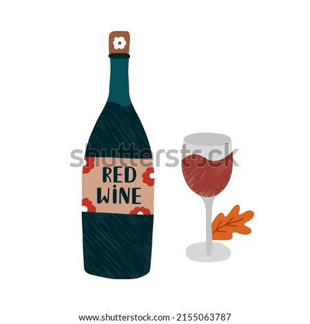 Cozy autumn clip art with seasonal drink. Bottle and glass of red wine with cute label and a leaf. Hygge hand drawn illustration isolated on background. Can be used for fabric, sticker, scrapbooking.