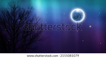 dry tree branches and glowing moon in night starry sky.