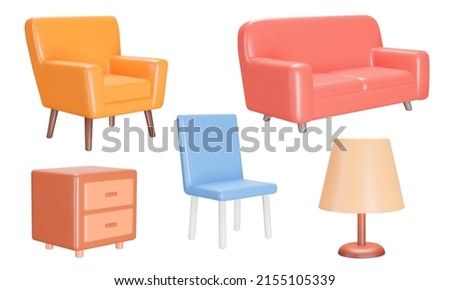 Furniture for the home icon set. Armchair, sofa, chair, floor lamp, nightstand. Isolated 3d icons, objects on a transparent background Royalty-Free Stock Photo #2155105339
