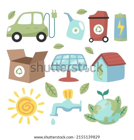 Eco friendly, Save energy, environment renewable symbol sticker clip art with green car, paper bag, bulb and mill.