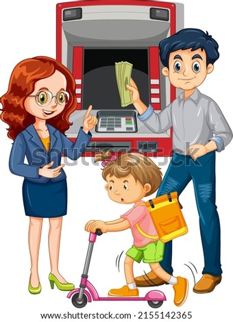 A man withdraw money from atm machine and his family cartoon character illustration