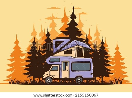 Car roof camping in the jungle illustration design
