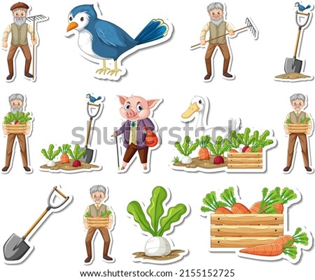 Sticker set of farm objects and farmer cartoon characters illustration